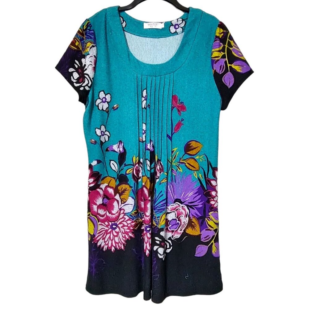 Funky People Womens Multicolor Floral Shirt Dress Short Sleeve Pleated Size XL